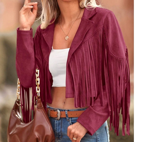 Western Vegan Suede Open Front Fringe Moto Biker Jacket - Picture 5 of 11